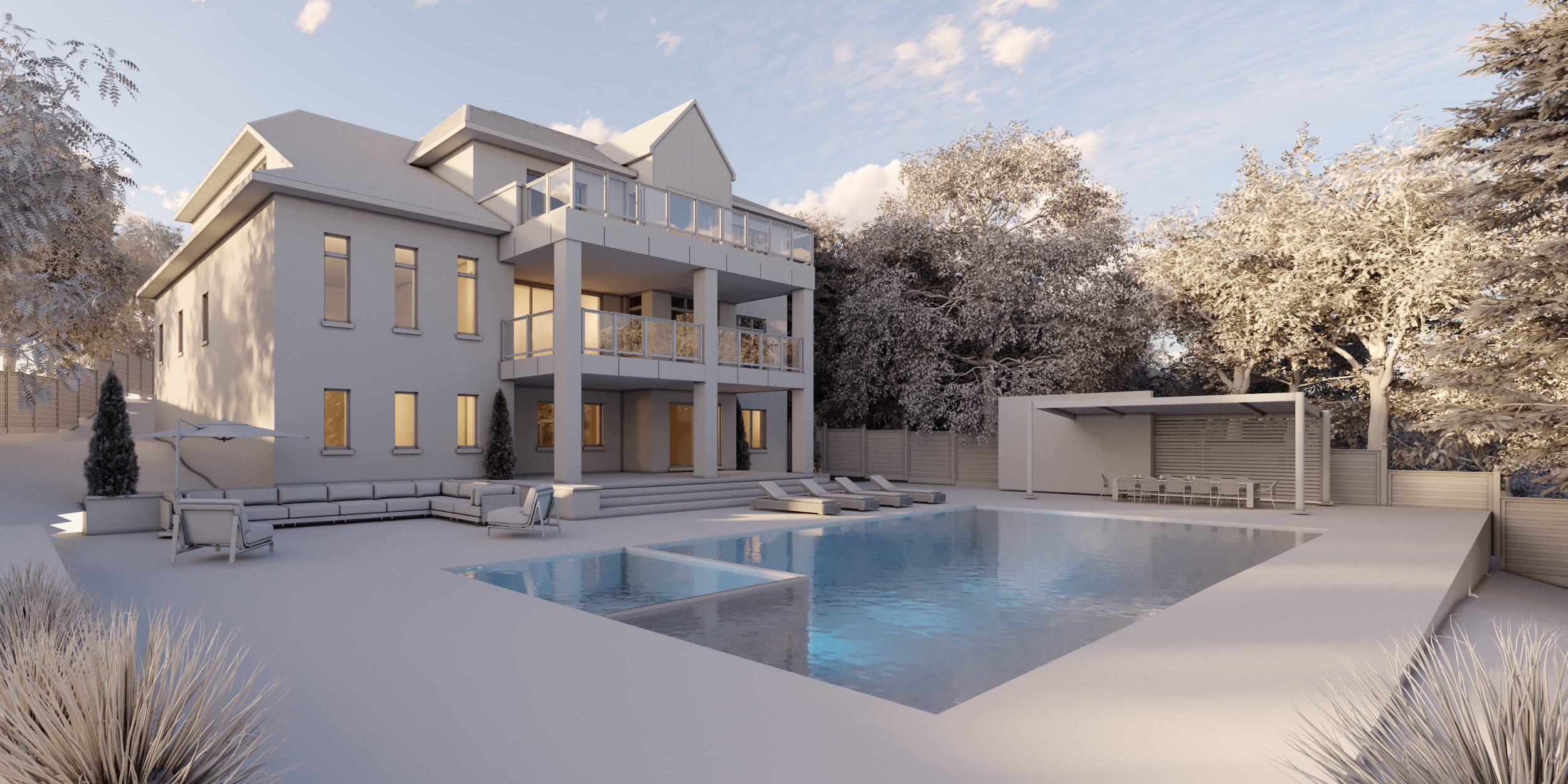 Early backyard design and camera test with pool, seating and outdoor dining