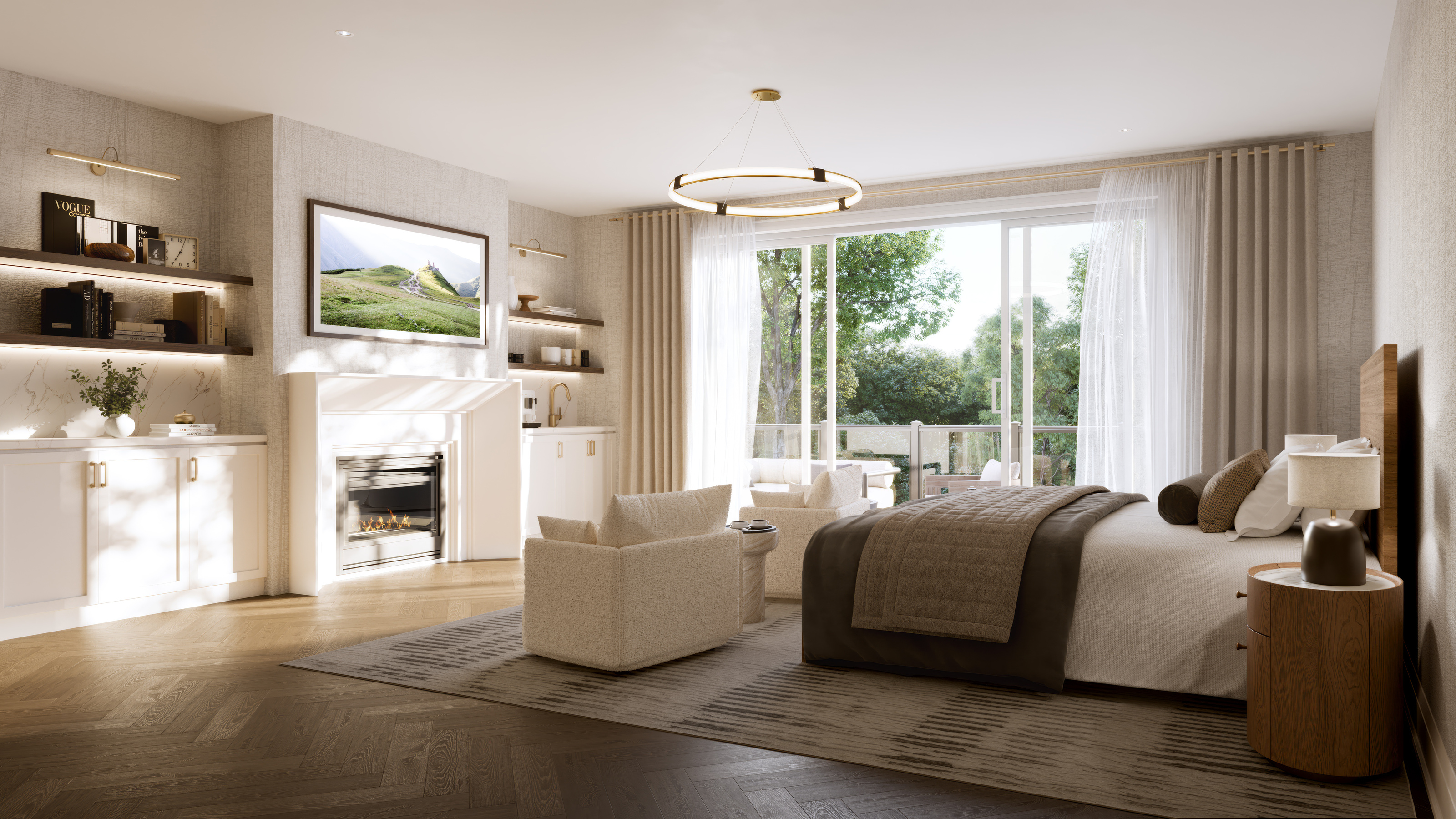 Primary bedroom with seating beside the window