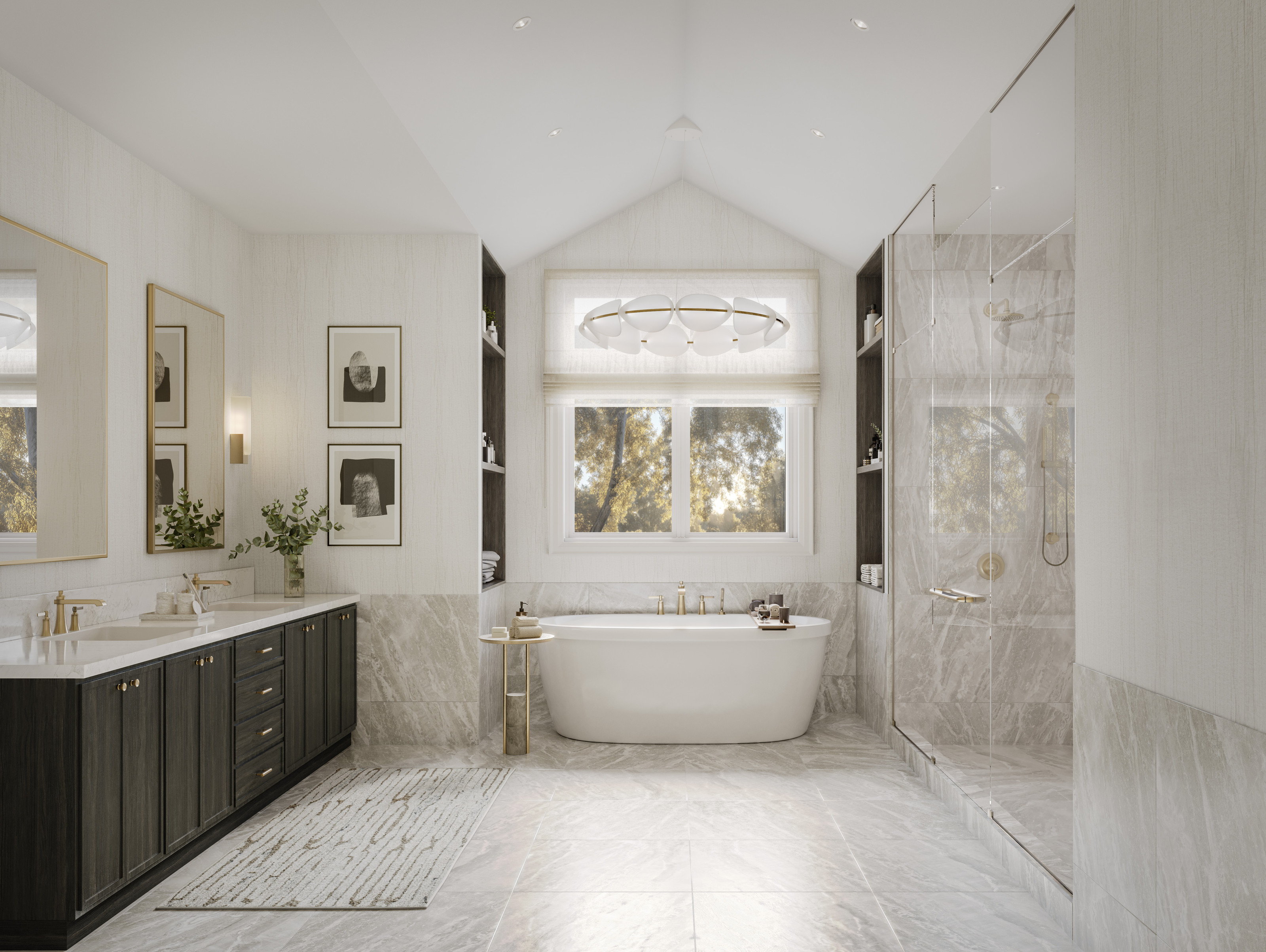Ensuite with freestanding bath, double vanity and marble shower