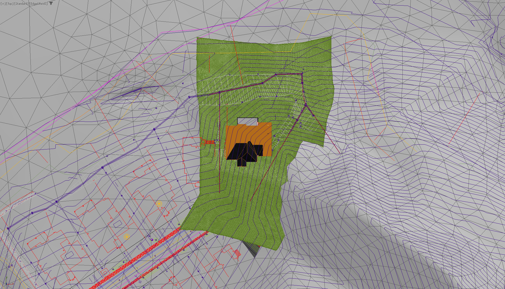 Terrain model showing the selected plot and house within the surrounding contours