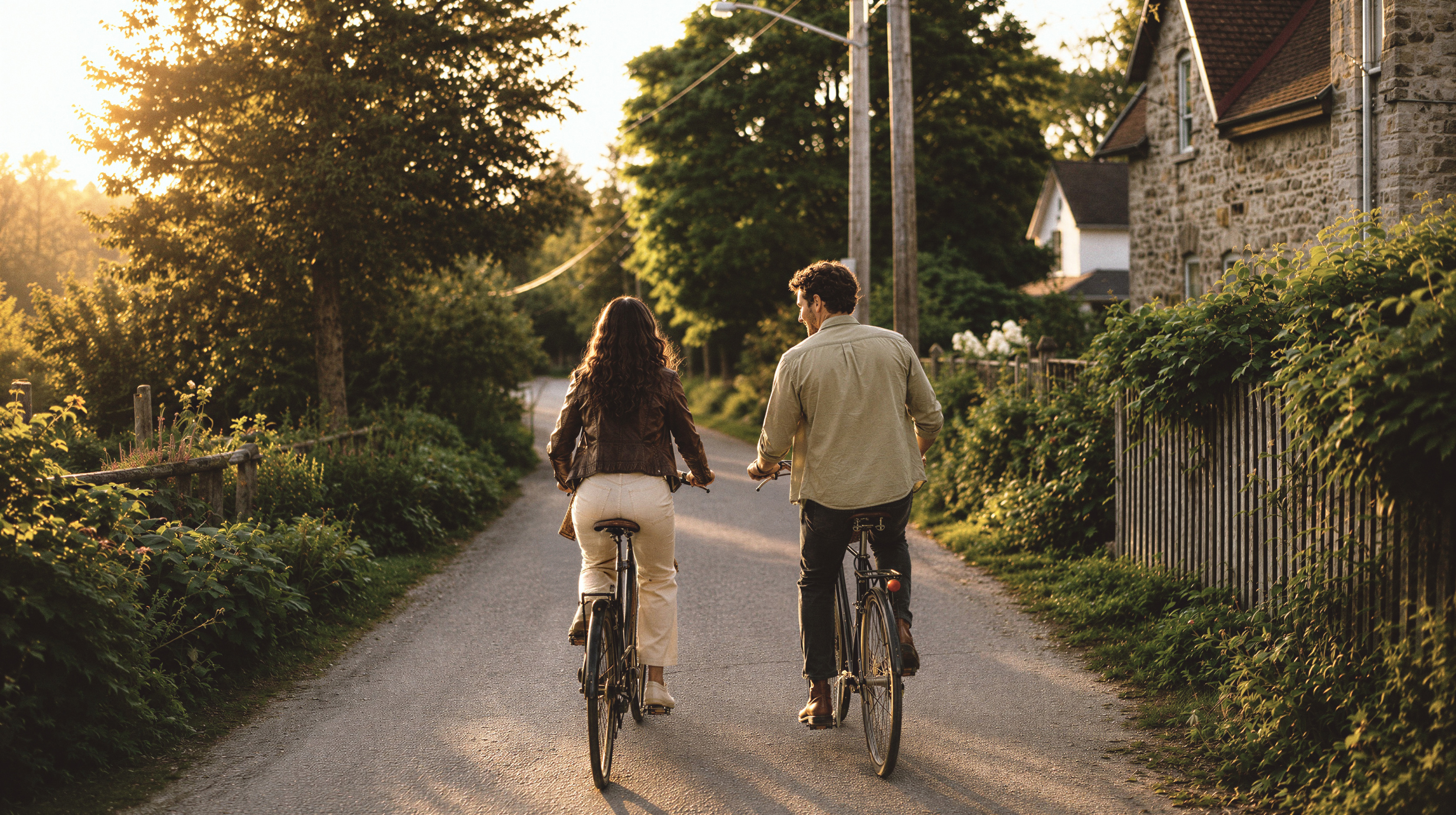 Produced scene still of the Everstone couple cycling toward Elora