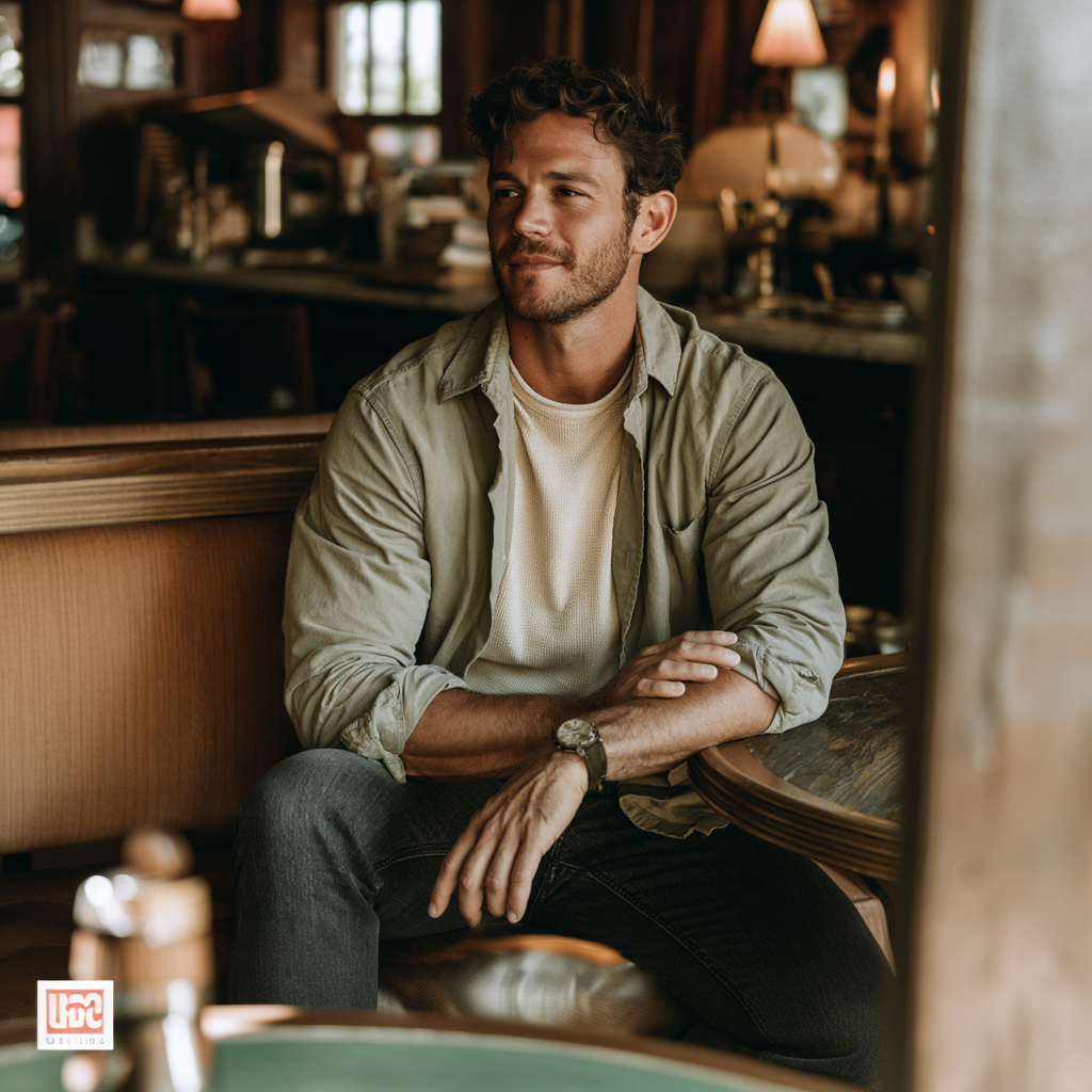 AI-generated Everstone male character seated in a cafe