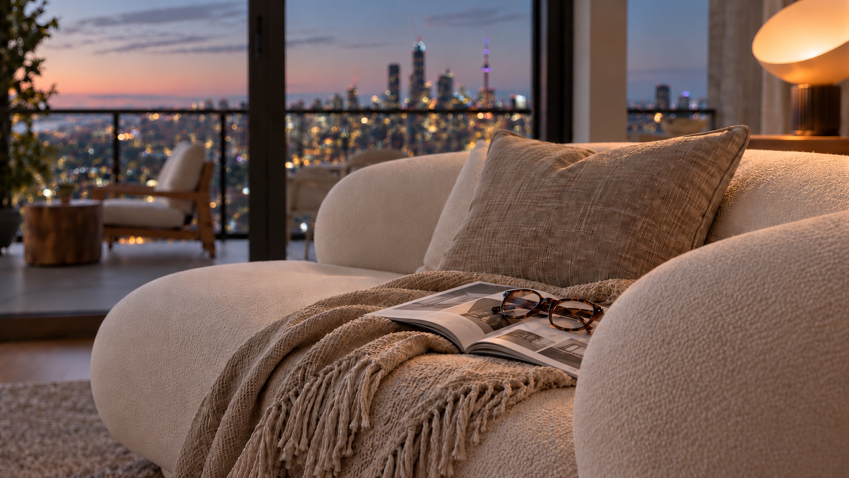 Sofa detail with an open architectural magazine and glasses in warm early-dusk light